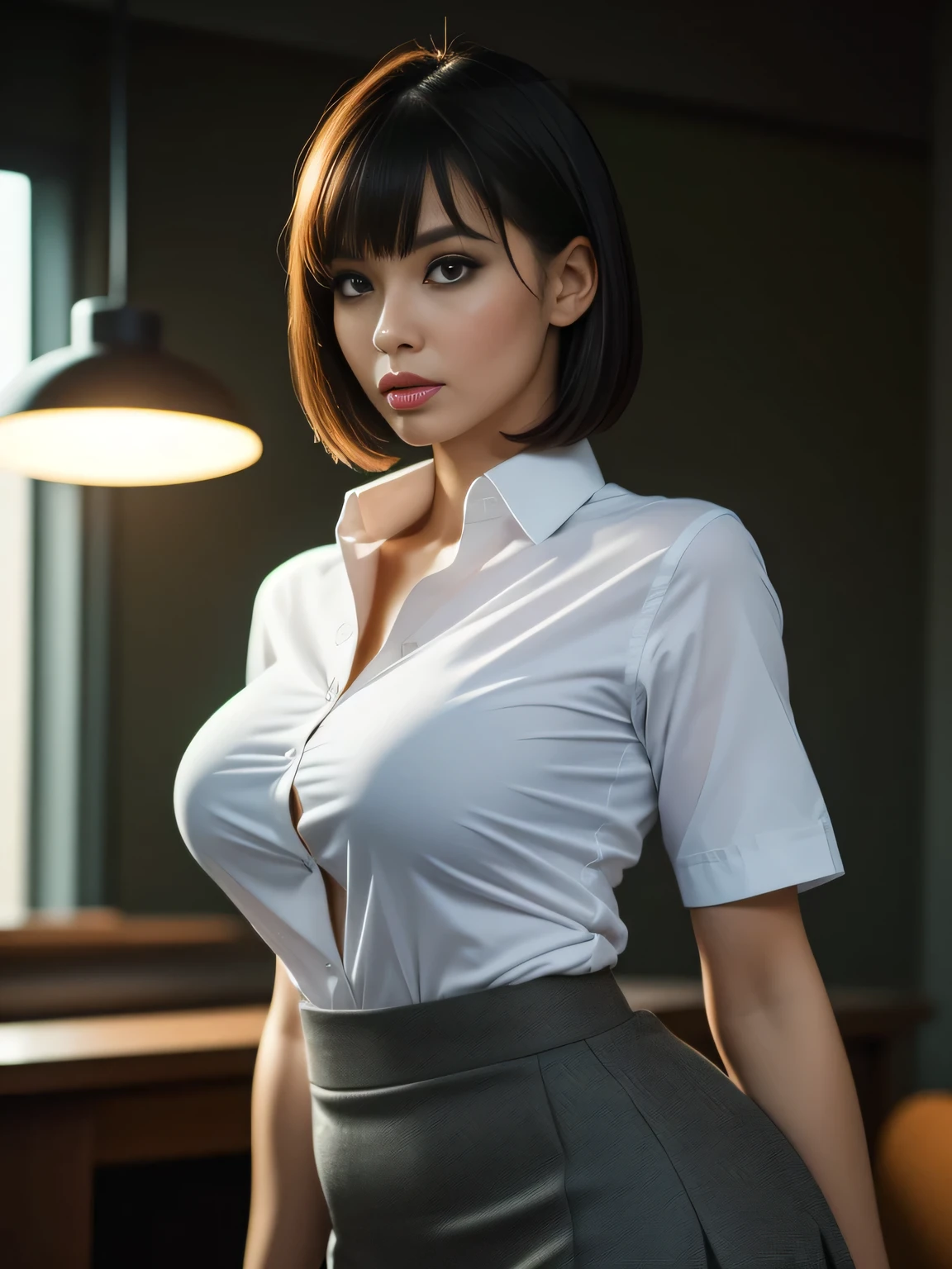 Tight-fitting business shirt, Short sleeves, Tight skirt, (Shirt tucked into skirt:1.3), , Business jacket, Tights, Dimly lit office,
4K Quality, (High Resolution:1.3), (Realistic photo:1.3), (Raw photo:1.1), (Extremely detailed photo), Absolute masterpiece,
Staring, (Looking at the viewer), Standing,
(Big breasts:1.1), (Lip make-up), Glossy skin, Bangs, Short wavy bob, Ultra pretty girl