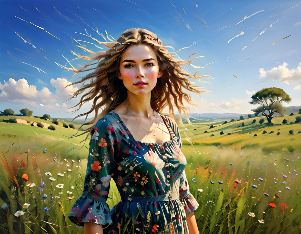 A pastoral idyll, a serene countryside scene, 1girl, a young woman in a floral dress standing in a lush green meadow, surrounded by blooming wildflowers, with rolling hills and a clear blue sky in the background, a gentle breeze blowing through her hair, soft natural lighting, delicate and elegant, cinematic composition, warm color tones, (best quality,4k,highres,masterpiece:1.2),ultra-detailed,(photorealistic:1.37),oil painting, intricate details, vibrant colors, natural landscape, serene and peaceful atmosphere