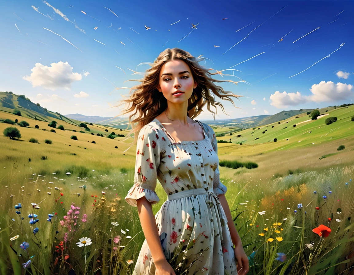 A pastoral idyll, a serene countryside scene, 1girl, a young woman in a floral dress standing in a lush green meadow, surrounded by blooming wildflowers, with rolling hills and a clear blue sky in the background, a gentle breeze blowing through her hair, soft natural lighting, delicate and elegant, cinematic composition, warm color tones, (best quality,4k,highres,masterpiece:1.2),ultra-detailed,(photorealistic:1.37),oil painting, intricate details, vibrant colors, natural landscape, serene and peaceful atmosphere