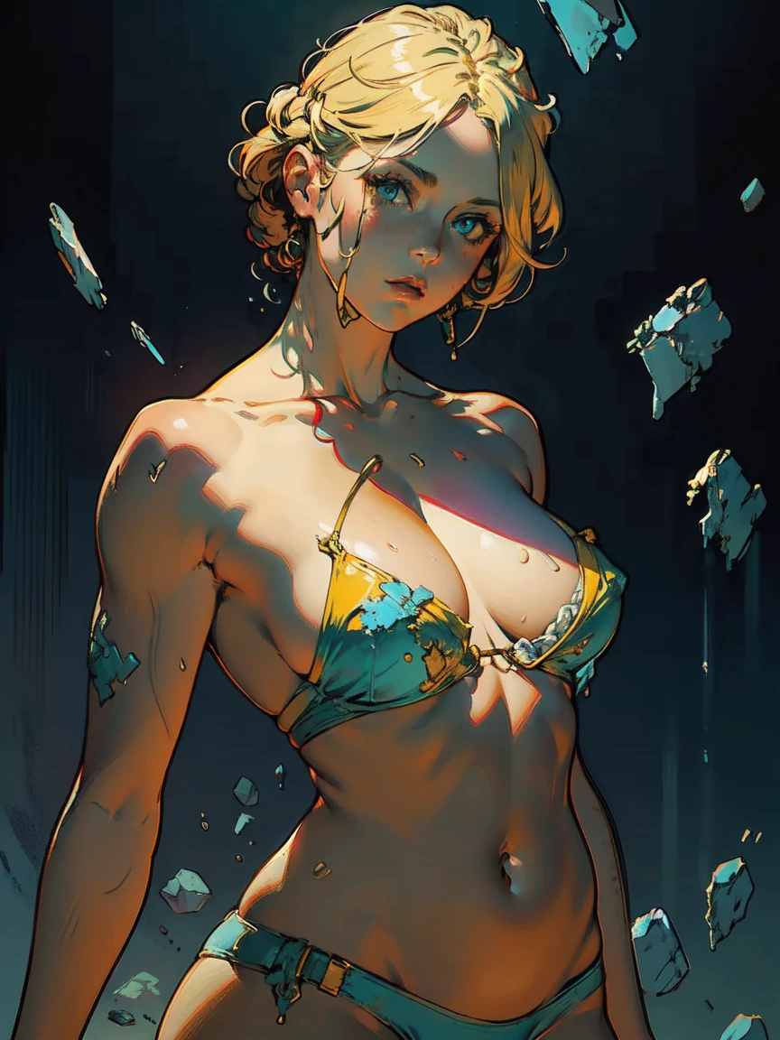  8K Portrait of a Muscular Woman, Yellow Hair,  blue eyes,  complicated,  elegant ,  high definition, whole body, Majestic,   Digital Photo  ,  Artgerm and Ruan Jia and Greg Rutkowski  , Busty,  Broken Glass  (masterpiece,  Side Lighting ,  beautiful eyes with attention to detail : 1.2 ),  high definition ,