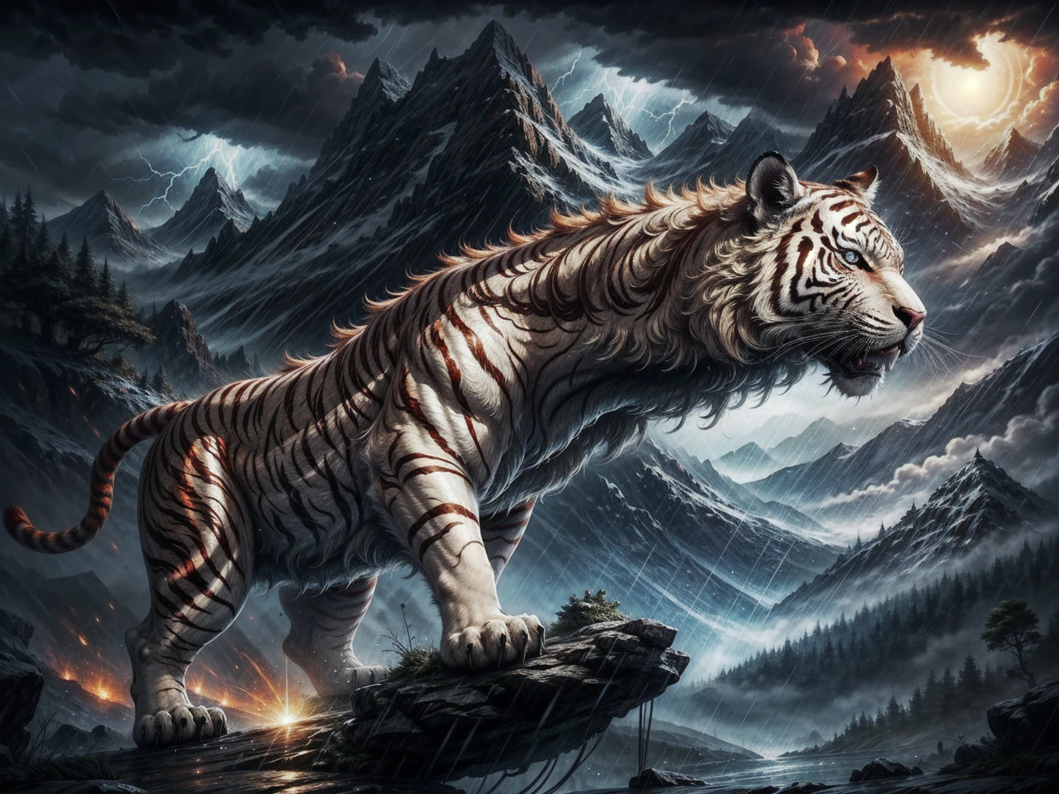 red tiger, mountains, thunder, myth, abstract, fantasy, light magic, Mural style, roar, storm, tempset,raining, masterpiece, (16K), HD, Various facial details, detailed background, very detailed, dynamic poses, Eyes details,  high resolution, high quality, correct anatomy

