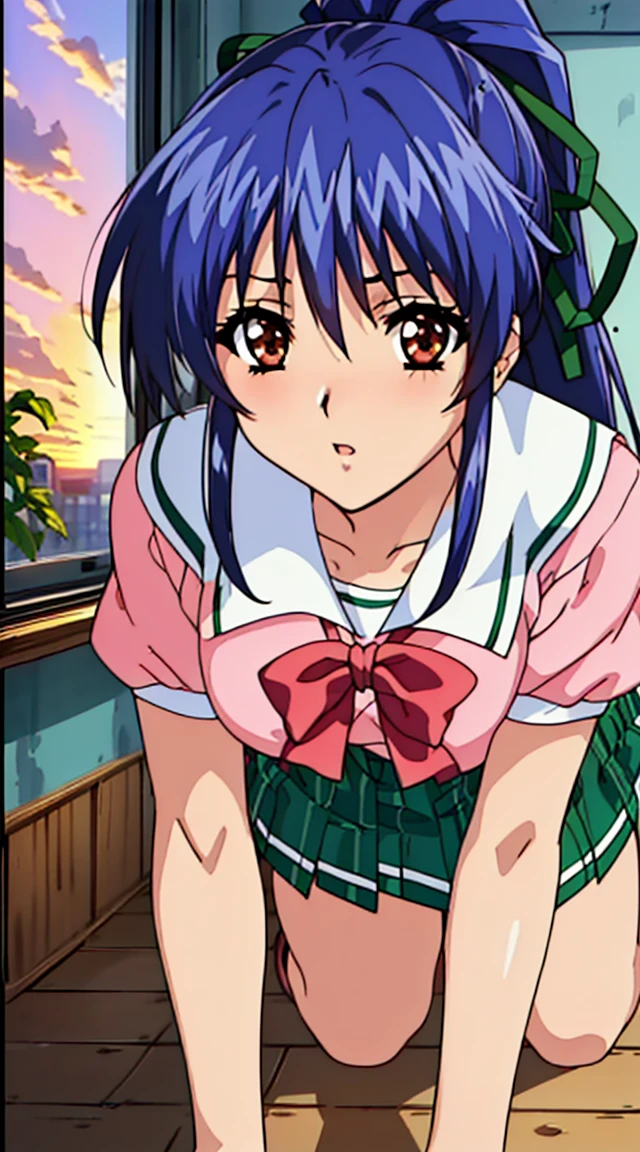 A girl named Sairenji Haruna with short blue hair and blue eyes, featuring a hairpin and visible forehead. She is wearing , yellow knit vest,white collared shirt,pleats skirt,green plaid skirt,green bowtie,sitting on the train seat,a glimpse of white panties.The art style should be in the style of Yabuki Kentaro, specifically the To Love-Ru art style. The image should be of masterpiece quality, with a highly detailed face, beautiful and detailed eyes, and a perfect body. The lighting should be professional, akin to official art or a grand prix award illustration. She appears shy and is looking away with her eyes downcast.