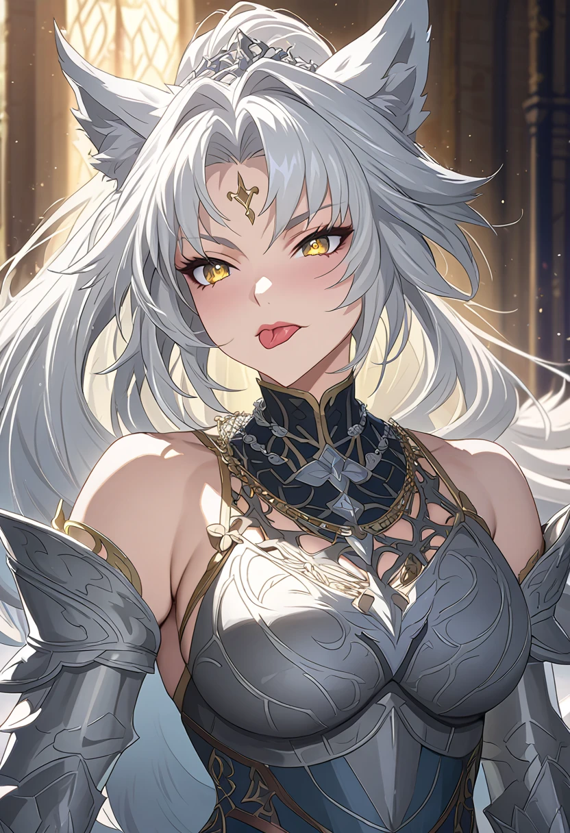 beautiful anime woman in knight armor, wolf ears, wolf tail, half wolf and half human, yellow eye color, white hair in a ponytail, light novel art, detailed anime art, 4k, anime, slutty expression, warrior, pretty, warrior princess, elegant, regal, royal, sexy, thicc, close up shot of face, detailed beautiful feminine facial features, feminine face, flirtatious, sultry, slut, petite, tongue hanging out, lewd, mischievous girl, superiority complex, majestic  