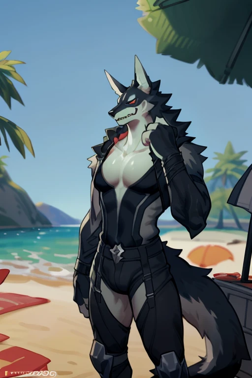 ((By Bebebebebe, by SpiritD, by K0BIT0WANI, best quality, masterpiece, perfect anatomy, detailed picture)), 1femboy, Cerberus, (Fortnite), sexy body, big breasts, fluffy tail, lingerie, shy, in the beach,