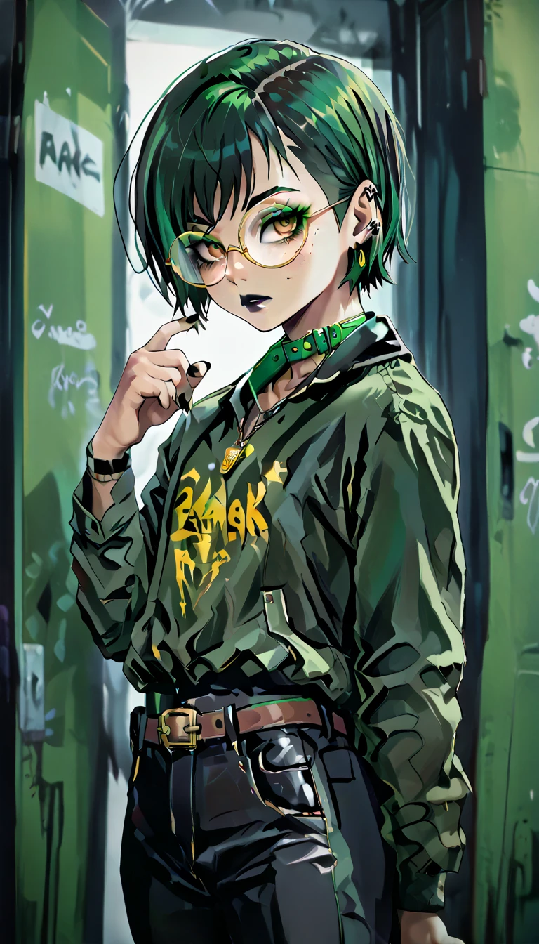 1boy;Androgynous;dark green punk undercut hair;gold eyes;freckled skin;toned,athletic body;black lip gloss;black eyeliner;green eyeshadow;sharp black nails;round glasses;grey tight shirt;black cargo pants;green belt;Green Canvas Jacket;Combat Boots;amber pendant;green collar;pierced ears;GothMOONXL
