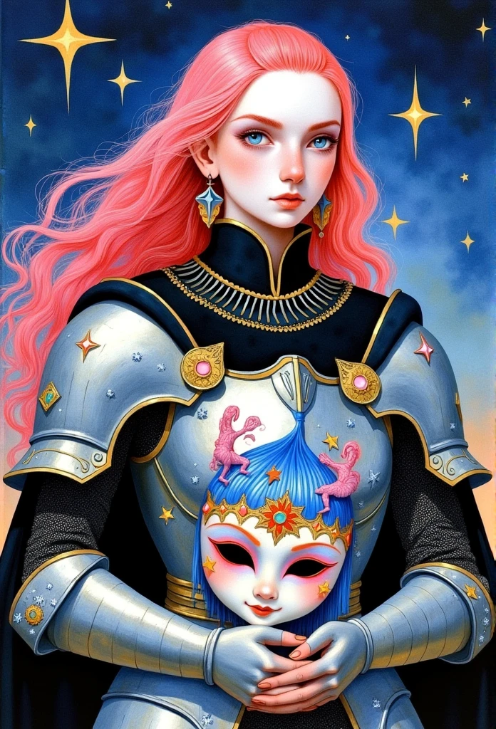    a beautiful young woman in knight armor ,  holds a Venetian carnival jester mask,   jewelry  , Beautiful armor,  pink hair, Compose              , Painting \(medium\),       ,       A star              \(sky\),              A star              \(symbol\),     watercolor \(medium\), against the backdrop of the starry sky