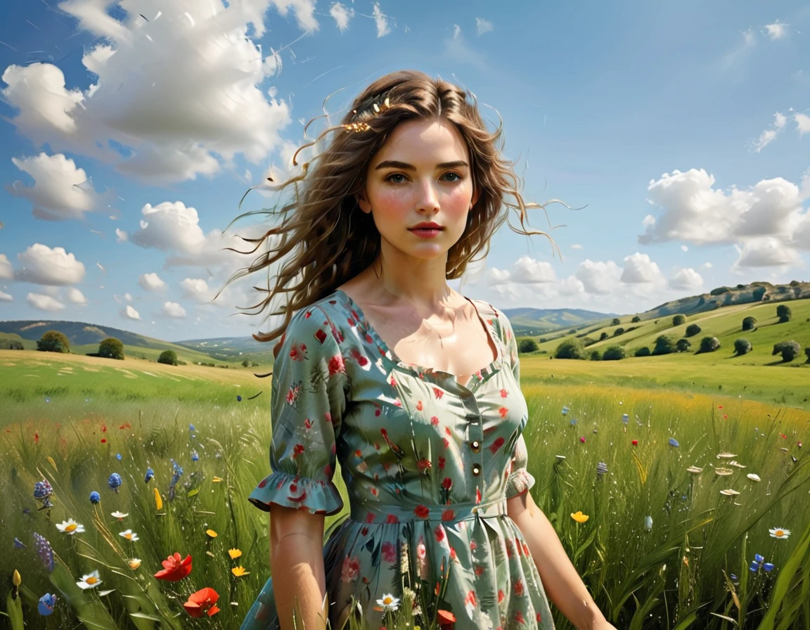 A pastoral idyll, a serene countryside scene, 1girl, a young woman in a floral dress standing in a lush green meadow, surrounded by blooming wildflowers, with rolling hills and a clear blue sky in the background, a gentle breeze blowing through her hair, soft natural lighting, delicate and elegant, cinematic composition, warm color tones, (best quality,4k,highres,masterpiece:1.2),ultra-detailed,(photorealistic:1.37),oil painting, intricate details, vibrant colors, natural landscape, serene and peaceful atmosphere