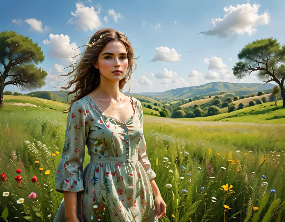 A pastoral idyll, a serene countryside scene, 1girl, a young woman in a floral dress standing in a lush green meadow, surrounded by blooming wildflowers, with rolling hills and a clear blue sky in the background, a gentle breeze blowing through her hair, soft natural lighting, delicate and elegant, cinematic composition, warm color tones, (best quality,4k,highres,masterpiece:1.2),ultra-detailed,(photorealistic:1.37),oil painting, intricate details, vibrant colors, natural landscape, serene and peaceful atmosphere