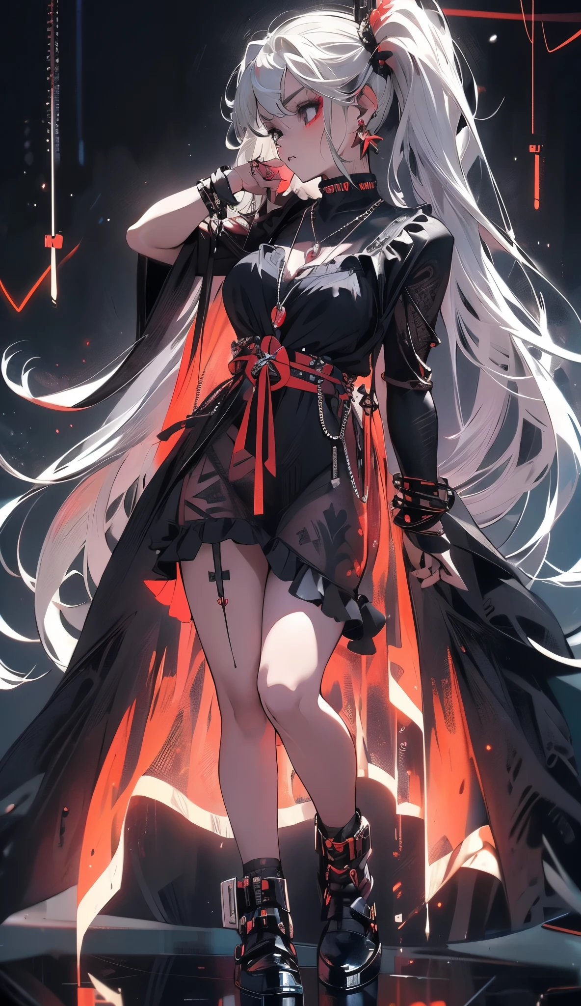 , Colossal, Twin Tails, Silver Hair, Hoodie, Vintage Gothic, gothic lingerie, salto alto preto, Pose, Cute, Face Up, High Quality, Necklace, Ring, Bracelet, Earrings, full body, (((full black and darker background com tons vermelho sangue)))