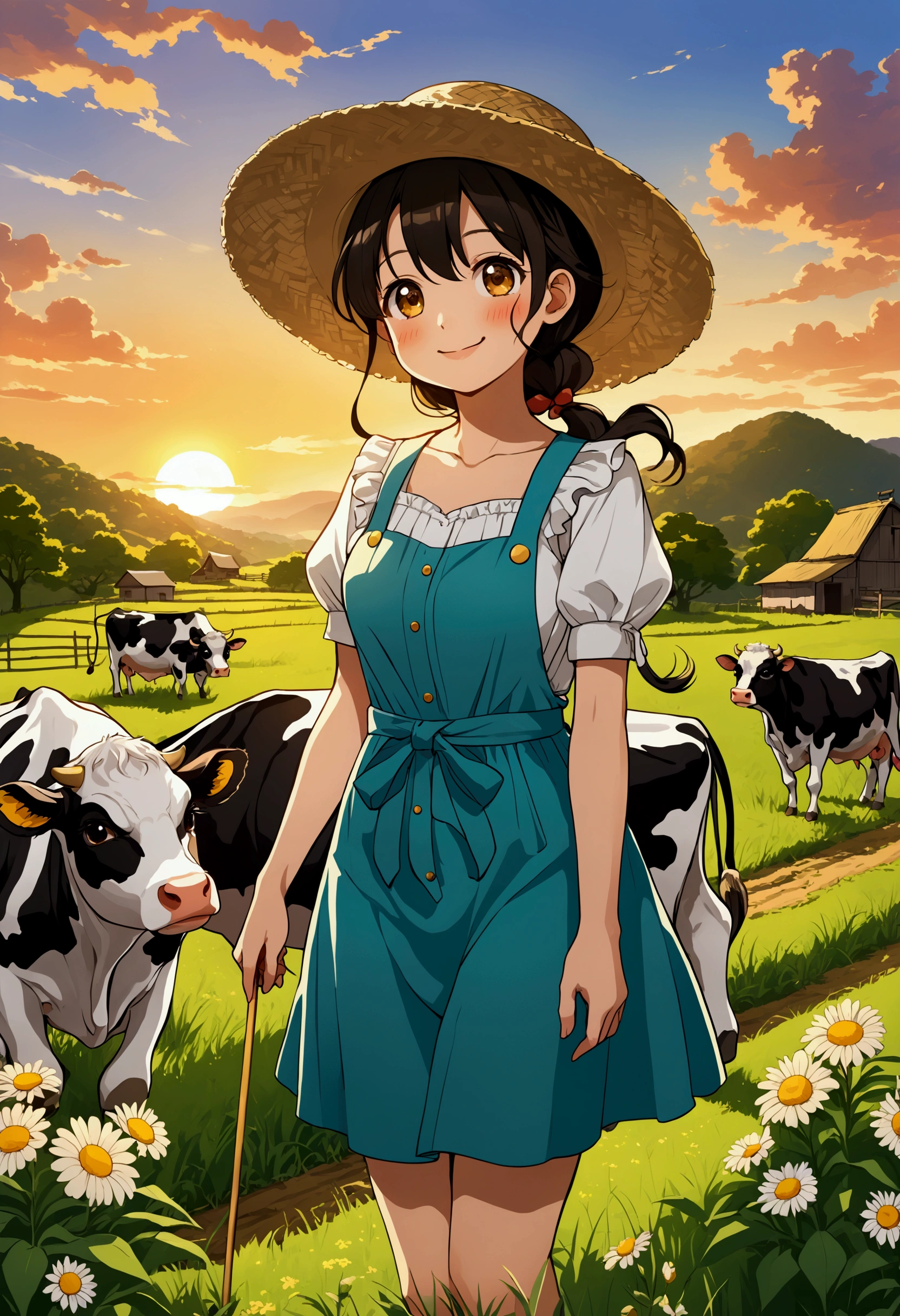 Theme：Pastoral Idyll, anime illustration, Cow with straw hat, Farmer, sunset, on 馬,