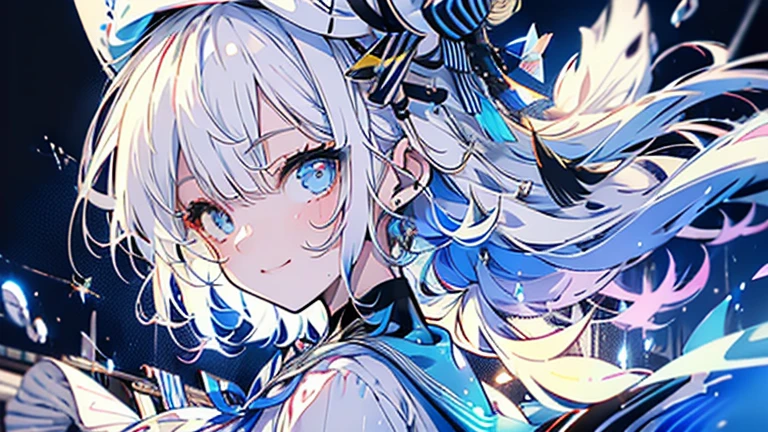 white hair and light blue hair, ahoge, shiny hair, floating hair, half updo, sailor hat, mole under eye, mismatched pupils, light smile, smile, anime, anime style, character chart, tachi-e, from above, UHD, retina, masterpiece, accurate, anatomically correct, super detail, high details, high quality, award winning, best quality, highres, 1080P, 16k,sailor hat is a hat worn by sailors. Also, a 's hat that imitates this. The top is flat and has no eaves, with a ribbon wrapped around the edge and the end hanging behind.She wears clothes called sailor uniforms, which are tops with distinctively shaped large collars called sailor collars. It is a military uniform for sailors and is used by the navies of various countries.she is on a large warship called a battleship, which has great offensive and defensive power.