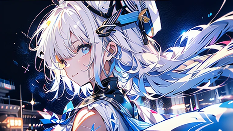 white hair and light blue hair, ahoge, shiny hair, floating hair, half updo, sailor hat, mole under eye, mismatched pupils, light smile, smile, anime, anime style, character chart, tachi-e, from above, UHD, retina, masterpiece, accurate, anatomically correct, super detail, high details, high quality, award winning, best quality, highres, 1080P, 16k,sailor hat is a hat worn by sailors. Also, a 's hat that imitates this. The top is flat and has no eaves, with a ribbon wrapped around the edge and the end hanging behind.She wears clothes called sailor uniforms, which are tops with distinctively shaped large collars called sailor collars. It is a military uniform for sailors and is used by the navies of various countries.she is on a large warship called a battleship, which has great offensive and defensive power.