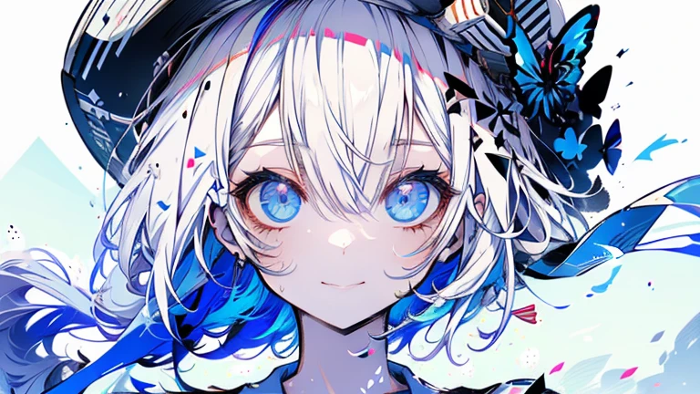 white hair and light blue hair, ahoge, shiny hair, floating hair, half updo, sailor hat, mole under eye, mismatched pupils, light smile, smile, anime, anime style, character chart, tachi-e, from above, UHD, retina, masterpiece, accurate, anatomically correct, super detail, high details, high quality, award winning, best quality, highres, 1080P, 16k,sailor hat is a hat worn by sailors. Also, a 's hat that imitates this. The top is flat and has no eaves, with a ribbon wrapped around the edge and the end hanging behind.She wears clothes called sailor uniforms, which are tops with distinctively shaped large collars called sailor collars. It is a military uniform for sailors and is used by the navies of various countries.she is on a large warship called a battleship, which has great offensive and defensive power.