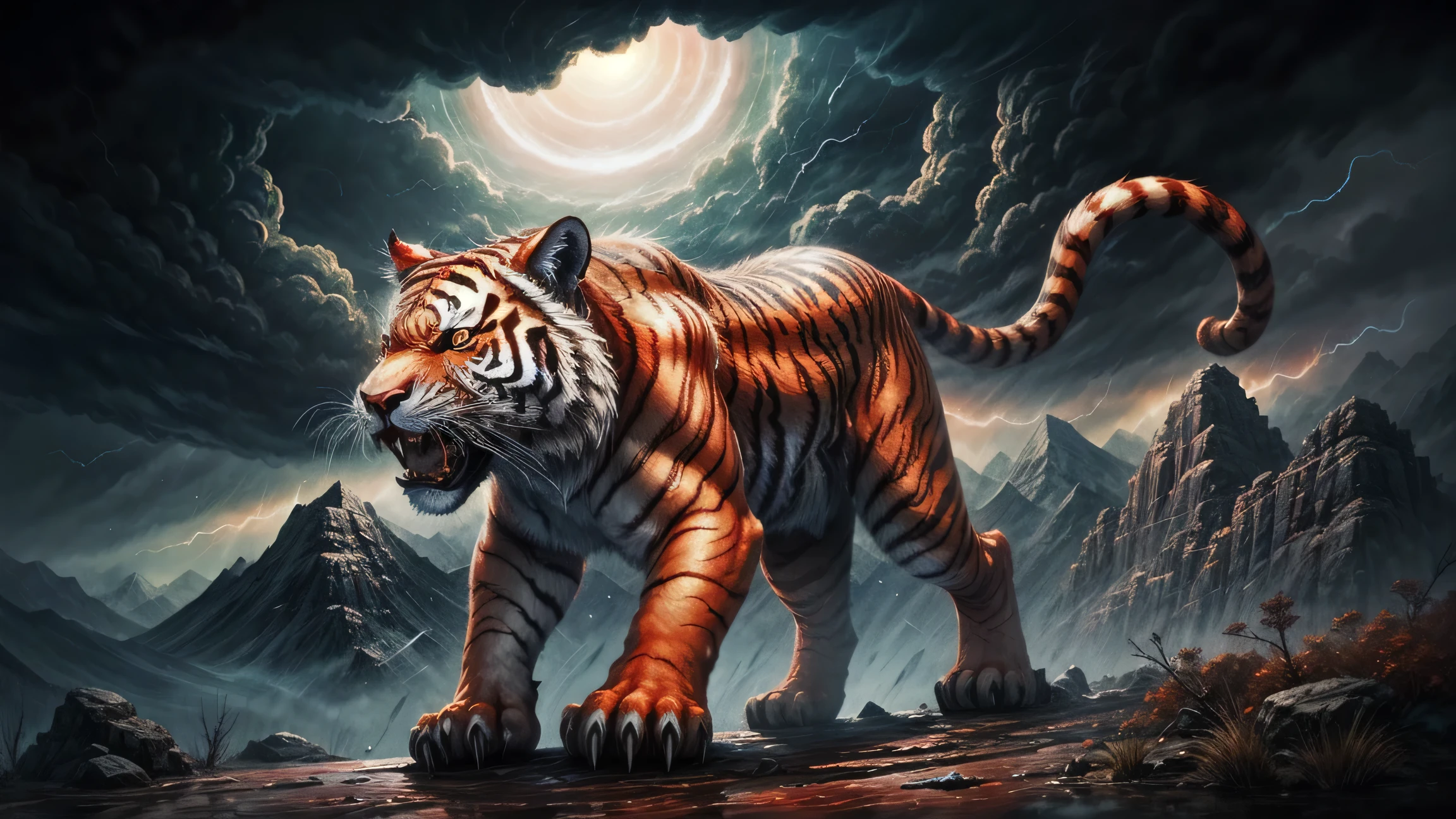 red tiger, mountains, thunder, myth, abstract, fantasy, light magic, Mural style, roar, storm, tempset, anger