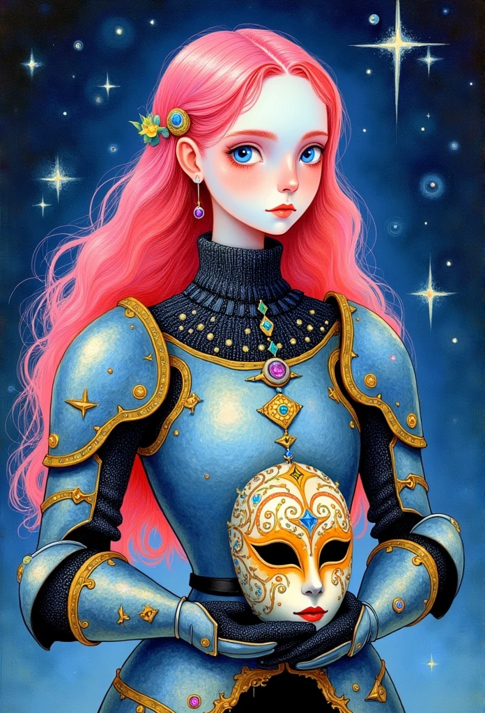    a beautiful young woman in knight armor , holds a Venetian carnival mask in his hands,   jewelry  , Beautiful armor,  pink hair, Compose              , Painting \(medium\),       ,       A star              \(sky\),              A star              \(symbol\),     watercolor \(medium\), against the backdrop of the starry sky