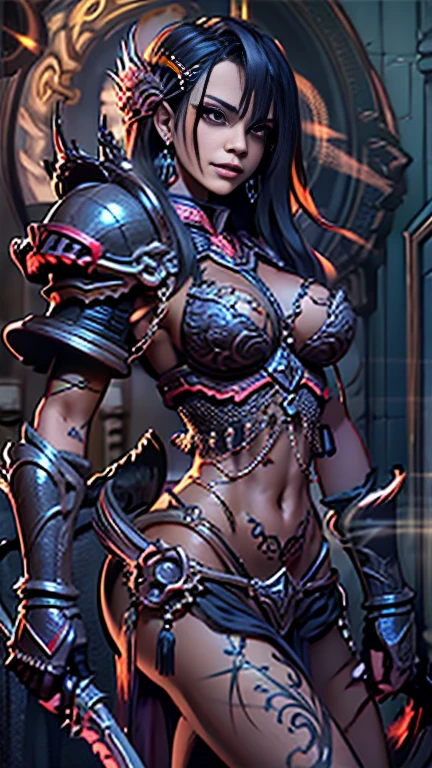 Create a hyper detailed photograph of a tattoos young sexy female berserker deathknight, Stunningly perfect gorgeous soft feminine face, perfect makeup, detailed vibrant Florent neon eyes, long hair, high detailed beautiful legs, high detailed beautiful arms, perfect sexy hour glass body figure, detailed smooth skin, gigantic breast, large round ass, sexy seductive transparent deathknight armor, chains Jewelry,
