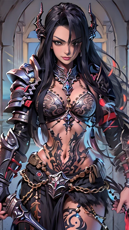 Create a hyper detailed photograph of a tattoos young sexy female berserker deathknight, Stunningly perfect gorgeous soft feminine face, perfect makeup, detailed vibrant Florent neon eyes, long hair, high detailed beautiful legs, high detailed beautiful arms, perfect sexy hour glass body figure, detailed smooth skin, gigantic breast, large round ass, sexy seductive transparent deathknight armor, chains Jewelry,
