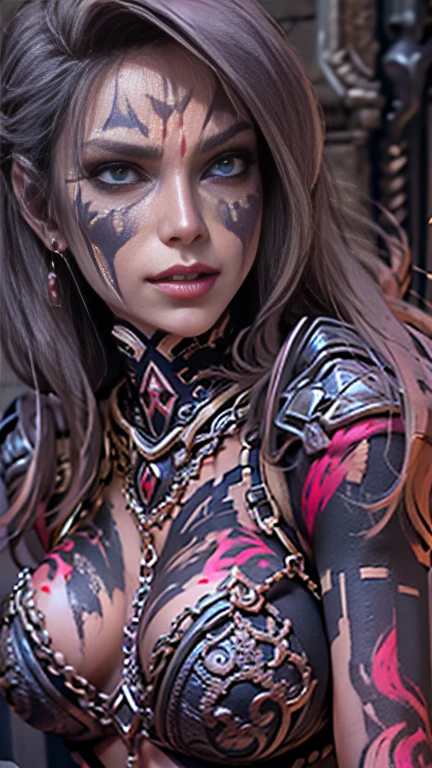 Create a hyper detailed photograph of a tattoos young sexy female berserker deathknight, Stunningly perfect gorgeous soft feminine face, perfect makeup, detailed vibrant Florent neon eyes, long hair, high detailed beautiful legs, high detailed beautiful arms, perfect sexy hour glass body figure, detailed smooth skin, gigantic breast, large round ass, sexy seductive transparent deathknight armor, chains Jewelry,
