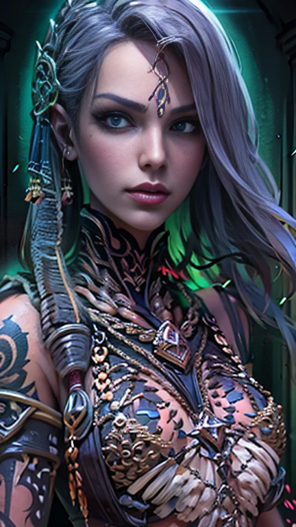 Create a hyper detailed photograph of a tattoos young sexy female berserker deathknight, Stunningly perfect gorgeous soft feminine face, perfect makeup, detailed vibrant Florent neon eyes, long hair, high detailed beautiful legs, high detailed beautiful arms, perfect sexy hour glass body figure, detailed smooth skin, gigantic breast, large round ass, sexy seductive transparent deathknight armor, chains Jewelry,
