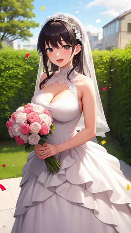 masterpiece, best quality, high quality, girl, solo, looking at viewer, enjou_retto, large breasts, wedding dress, standing, garden, confetti, holding bouquet, smile, open mouth