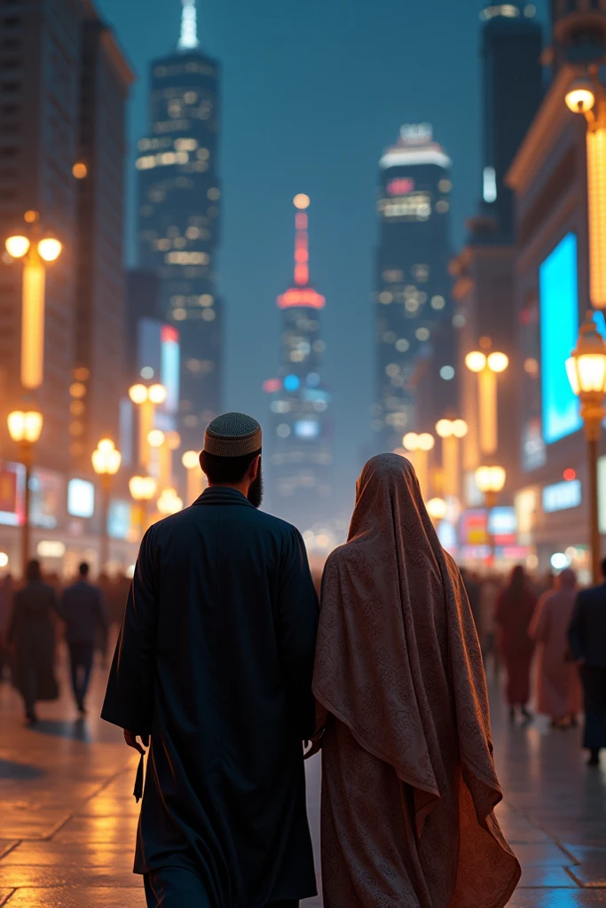 Hyper realistic, a 28 year old Indonesia man walking on the neon cyberpunk street, ideal body, look straight ahead, wearing dark red flannel shirt and dark ripped jeans pants and black hiking hi-shoes with black backward trucker hat, wear dark leather backpack, wear headphone, masculine photoshoot pose, arrogant man expression, together with his beautiful girlfriend wearing white hijab and white long dress, romantic, Bandung night town as background. Use soft photography lighting. top lighting. top lighting, slide lighting, high quality photos, UHD, 64k. shot with Canon EOS 5D Mark IV, cinematic portrait, Realistic face, not changing face, no mustache, Real photo, unchanging face, background change. Real Picture 8k ultra, man, gamer, hyper detailed, sharp focus, studio photo, intricate details, highly detailed, photo real, bright colors, digital graphics, unreal engine, blender art, perfect composition, octane rendering, masterpiece, sharp focus, high detail, art station, concept art, perfect composition, a model of ultra-high quality and clarity, perfect play of light and shadow, 32k UHD, hyper-detailing, complex artistic masterpiece, ((best quality)), ((masterpiece)), (detailed), perfect face