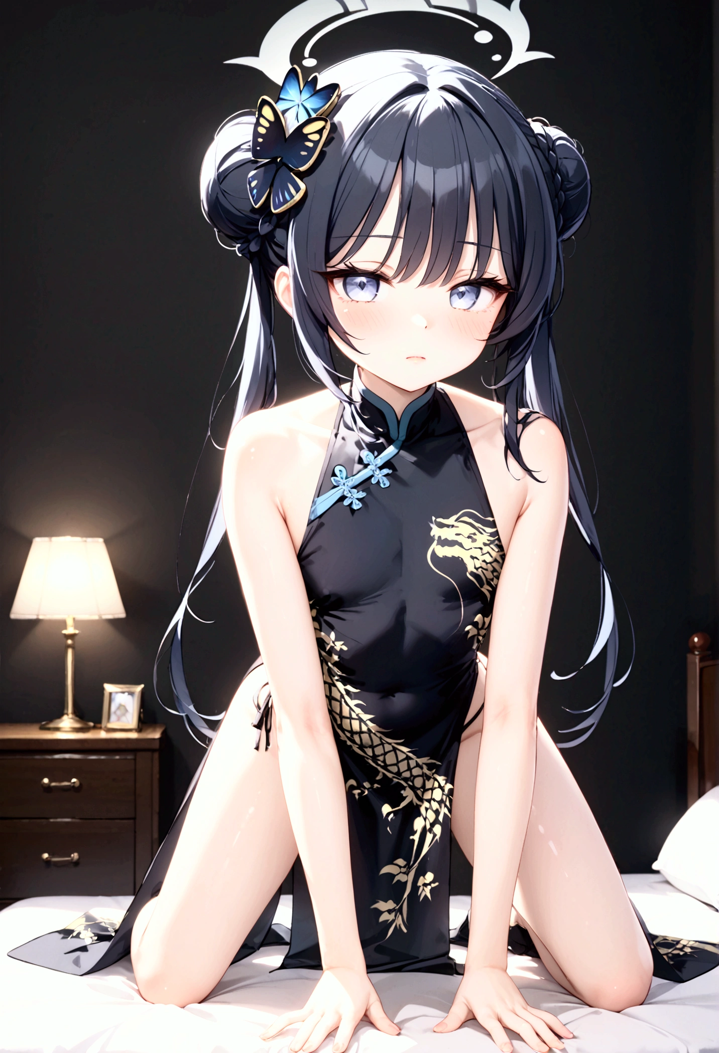 High image quality 、masterpiece、  High Quality   、Full HD、4K 、 depicting only one girl 、 looking at the camera、 on all fours、Kisaki(blue archive)、 long black hair  、Bun Hair、Blue hair ornament、  blue eyes、 slim、 flat chested、Grey Halo (Kisaki)、Teary-eyed、 Shy 、blush、 red cheeks 、 black Chinese dress style uniform、Gold embroidery、Long, slender legs、black string panties、 no one、 big bed、 Love Hotel