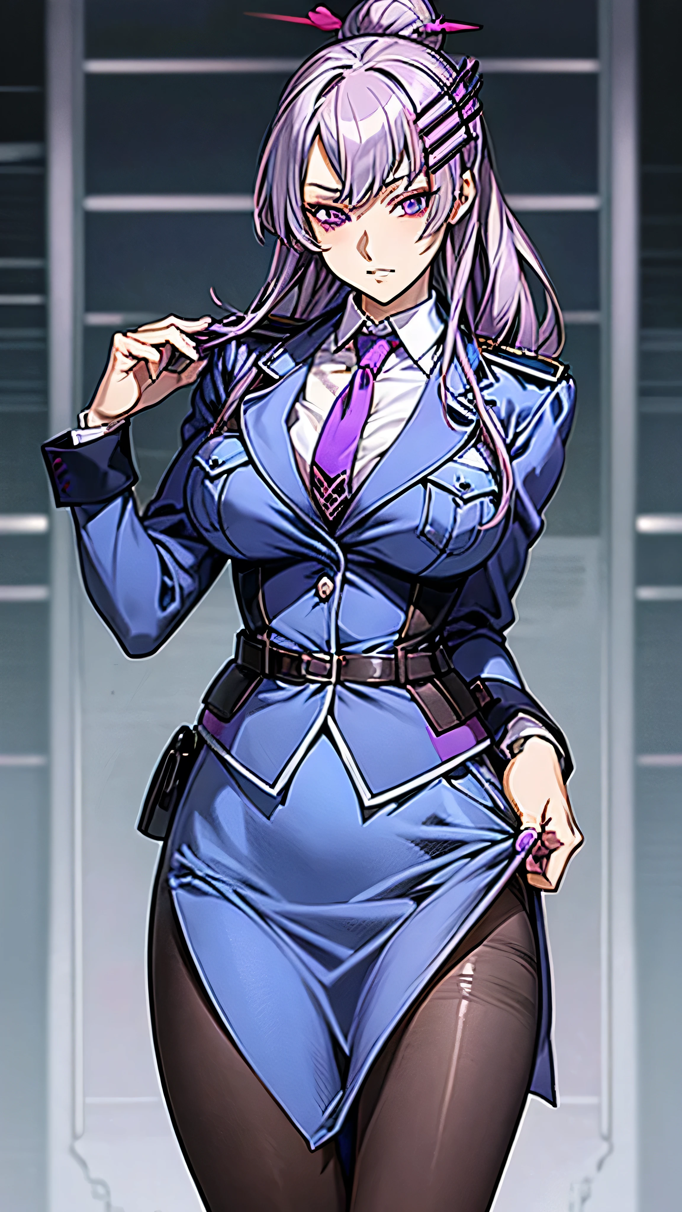 NSFW, frolaytia capistrano, purple hair, purple eyes, hair clip, large breasts, shirt, jacket, white shirt, pantyhose, necktie, collared shirt, belt, uniform, blue skirt, black pantyhose, military, formal, blue jacket, red necktie, pencil skirt, pocket, hair stick, to hot,