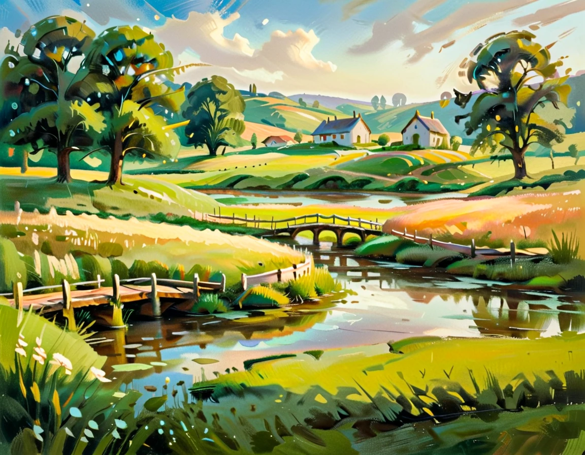 A serene pastoral landscape, a picturesque country scene, pastoral idyll, rolling hills, lush green meadows, a tranquil stream, a wooden bridge, a small cottage, a flock of sheep grazing peacefully, warm golden sunlight, soft hazy atmosphere, masterpiece, cinematic lighting, warm color tones, vivid colors, serene, beautiful, idyllic