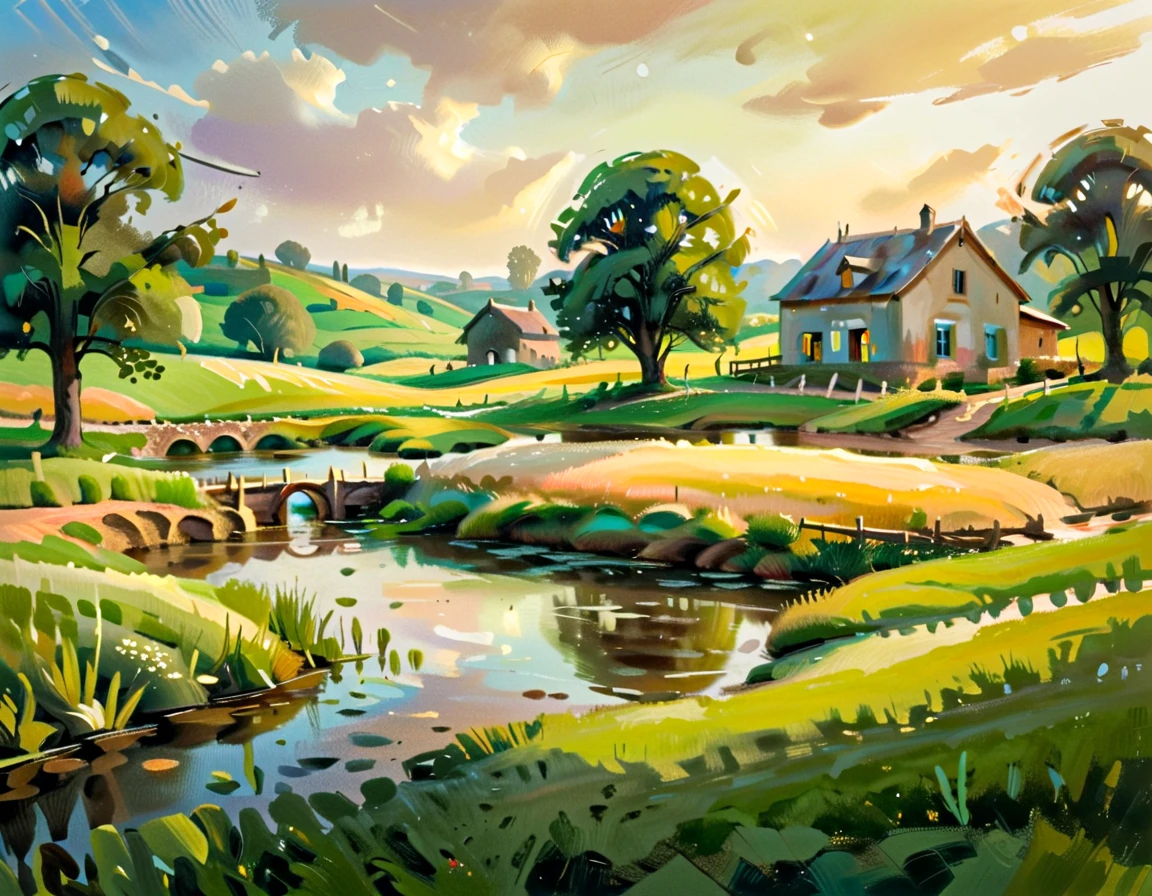 A serene pastoral landscape, a picturesque country scene, pastoral idyll, rolling hills, lush green meadows, a tranquil stream, a wooden bridge, a small cottage, a flock of sheep grazing peacefully, warm golden sunlight, soft hazy atmosphere, masterpiece, cinematic lighting, warm color tones, vivid colors, serene, beautiful, idyllic