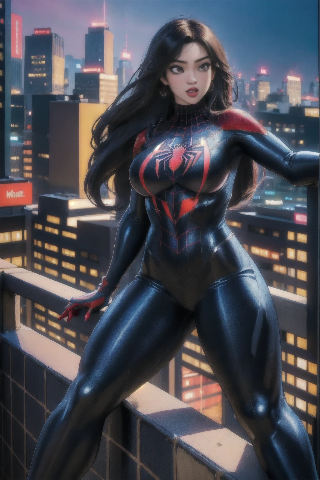 (best quality, masterpiece, colorful, dynamic angle, highest detailed) upper body photo, fashion photography of cute, intense black long hair, \asian girl\ in spiderman suit, (ultrahigh resolution textures), in dynamic pose, bokeh, glowing web, (intricate details, hyperdetailed:1.15), detailed, light passing through hair, city background, on attack, (official art, extreme detailed, highest detailed),