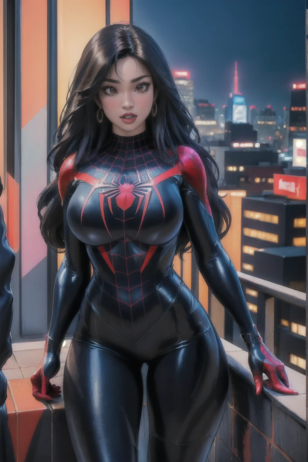 (best quality, masterpiece, colorful, dynamic angle, highest detailed) upper body photo, fashion photography of cute, intense black long hair, \asian girl\ in spiderman suit, (ultrahigh resolution textures), in dynamic pose, bokeh, glowing web, (intricate details, hyperdetailed:1.15), detailed, light passing through hair, city background, on attack, (official art, extreme detailed, highest detailed),