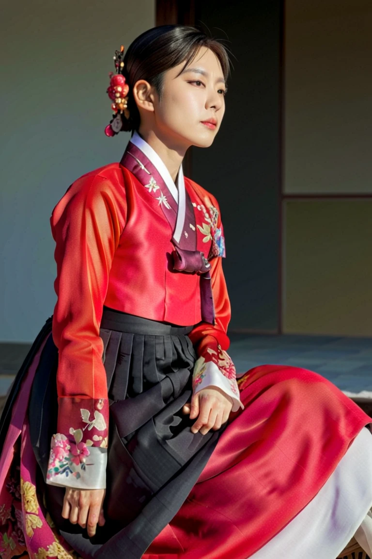 A Korean man in women's hanbok, hi is crossdresser, His face and hairstyle are very masculine, silk, sexy hanbok for sexy women, breasts like a woman, red and black, slender female body, short jacket, satin, floral pattern, little side view, full body shot, sit quietly