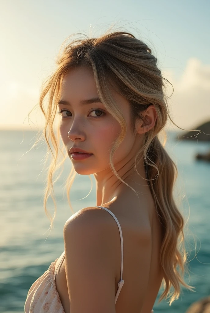 highest quality,masterpiece,Ultra-high resolution,(Reality:1.4),Original photo,Cinema Lighting,
One blonde hair girl,,Backlighting,Ocean,profile，Three-dimensional profile，good looking，cute