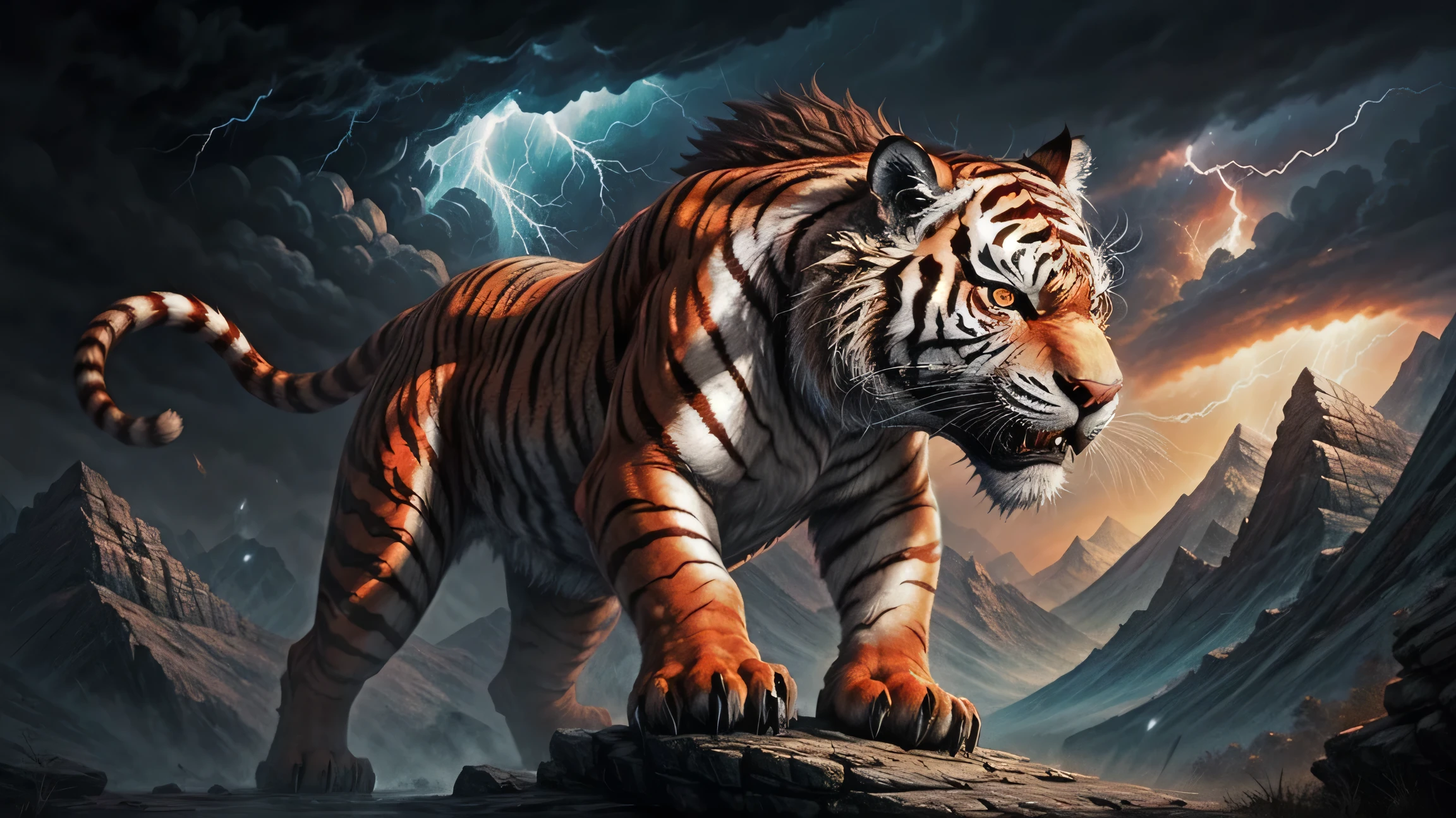 red tiger, mountains, thunder, myth, abstract, fantasy, light magic, Mural style, roar, storm, tempset, anger