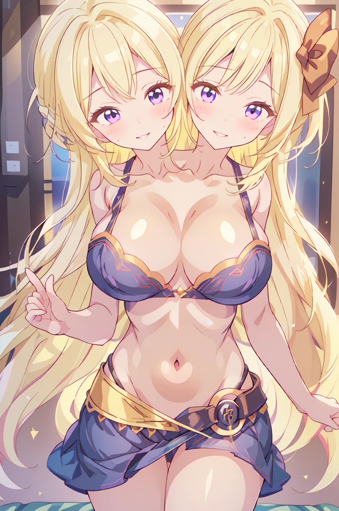 Very detailed、Highest quality、Best image quality、masterpiece、8k、(shoulder-length blonde hair、Medium Long Hair)、(smile、Open Mouth) 、(Hilarious)、(Big eyes)、(Beautiful and shining eyes)、(Detailed anime eyes)、(Puffy eyes)、(Big Breasts:1.5、topless:1.5、only breasts are in full view :1.5、bare breasts:1.5 、bare nipples:1.5、 thick nipples、erection of nipple、pepperoni nipple、necklace)、((SFW Huge Body))、Cowboy Shot、(highleg panties:2.0、Calvin Klein T-back、ckundies)