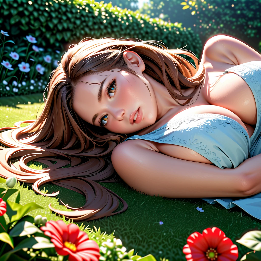 A woman lies in the grass, upper body, sundress, summer, sunlight, 1girl, brown hair, green eyes,  short_hair,  looking at viewers, nature, outdoors, realistic, photorealistic, (ultra-detailed:1.2), detailed_light, HDR, extremely_detailed, Sharp_focus, flower, small breasts,