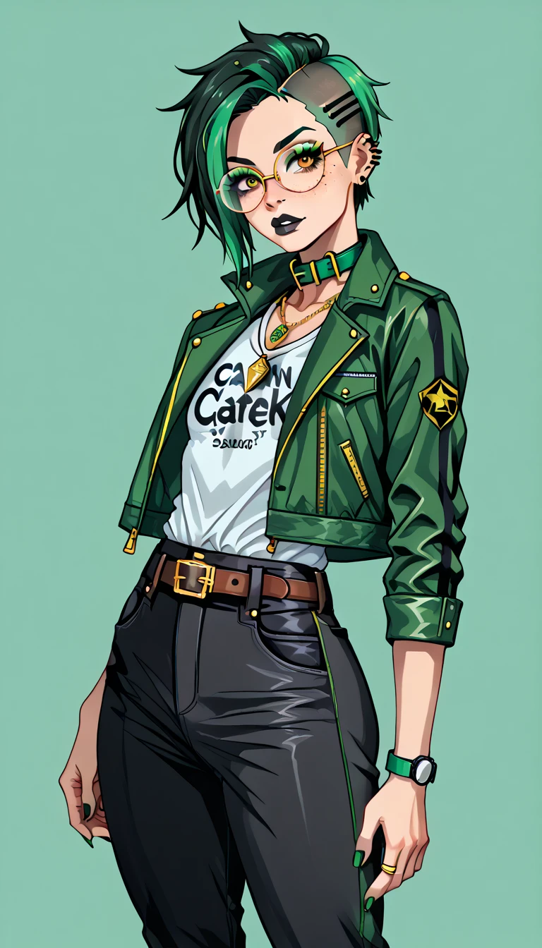 1boy;Androgynous;dark green punk undercut hair;gold eyes;freckled skin;toned,athletic body;black lip gloss;black eyeliner;green eyeshadow;sharp black nails;round glasses;grey tight shirt;black cargo pants;green belt;Green Canvas Jacket;Combat Boots;amber pendant;green collar;pierced ears;GothMOONXL
