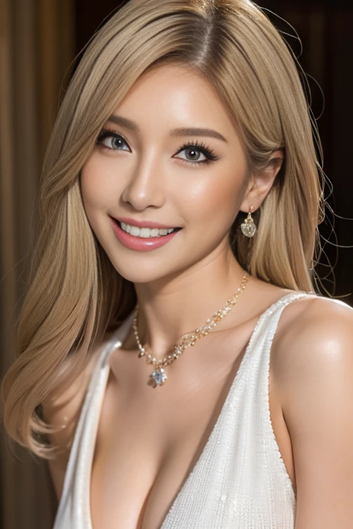 highest quality, Ultra-high resolution, (Realistic:1.4),Luxurious white dress、Gorgeous necklace、Earrings、Japanese、Gal、Blonde、blue eyes、cute、smile、A high-end cabaret club interior in the background