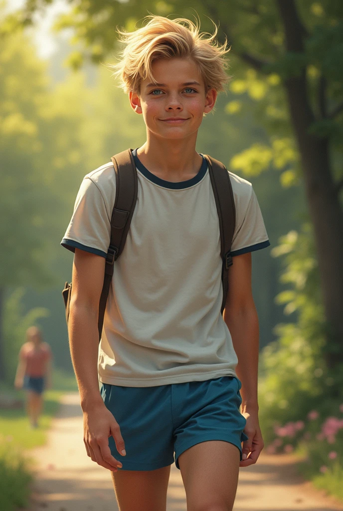 Tall teen boy with blonde and blue eyes looks natural