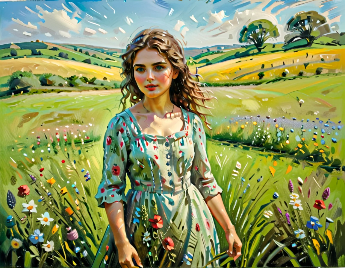 A pastoral idyll, a serene countryside scene, 1girl, a young woman in a floral dress standing in a lush green meadow, surrounded by blooming wildflowers, with rolling hills and a clear blue sky in the background, a gentle breeze blowing through her hair, soft natural lighting, beautiful detailed eyes, extremely detailed face and features, delicate and elegant, cinematic composition, warm color tones, (best quality,4k,highres,masterpiece:1.2),ultra-detailed,(realistic,photorealistic:1.37),oil painting, intricate details, vibrant colors, natural landscape, serene and peaceful atmosphere