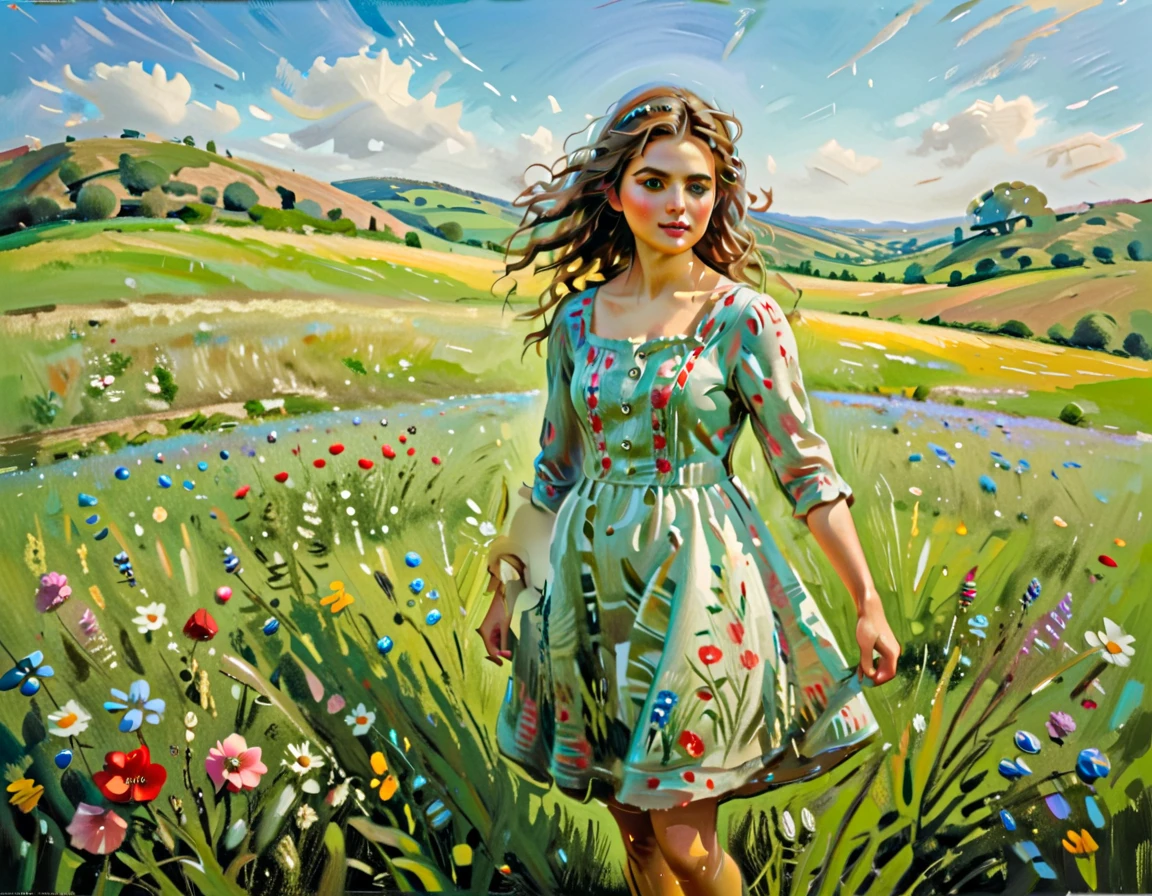 A pastoral idyll, a serene countryside scene, 1girl, a young woman in a floral dress standing in a lush green meadow, surrounded by blooming wildflowers, with rolling hills and a clear blue sky in the background, a gentle breeze blowing through her hair, soft natural lighting, beautiful detailed eyes, extremely detailed face and features, delicate and elegant, cinematic composition, warm color tones, (best quality,4k,highres,masterpiece:1.2),ultra-detailed,(realistic,photorealistic:1.37),oil painting, intricate details, vibrant colors, natural landscape, serene and peaceful atmosphere