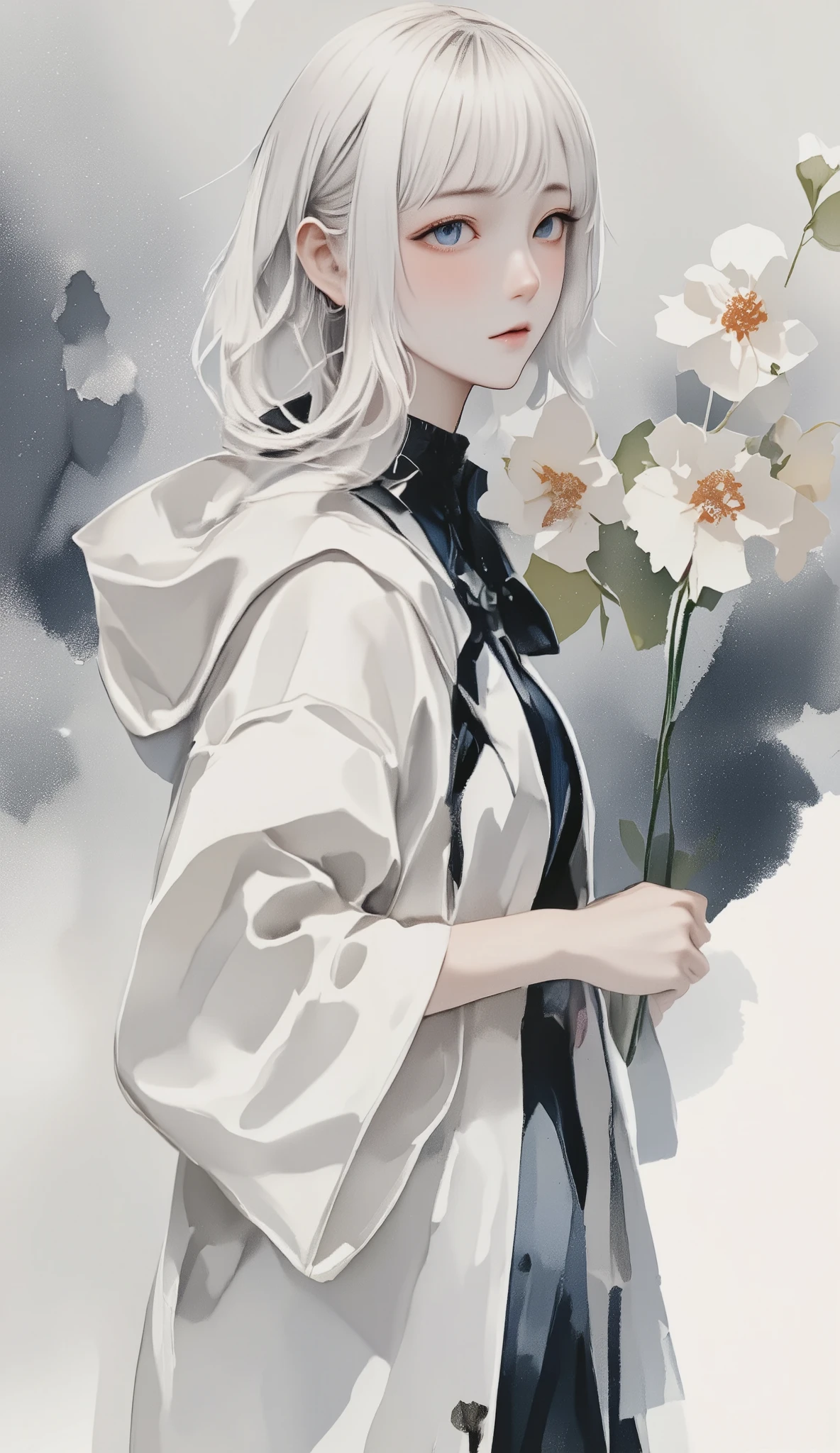 watercolor, watercolor, watercolor風, watercolorの詳細なアート, watercolor digital painting, watercolor paints, Beautiful Women、Floral arrangement、Wabi-sabi art、white、gray、black tone 、Parchment、抽象的Floral arrangement、Three big flowers、 Dreamy Art 、silence、 wallpaper、 best quality、masterpiece、 high definition 、８ｋ