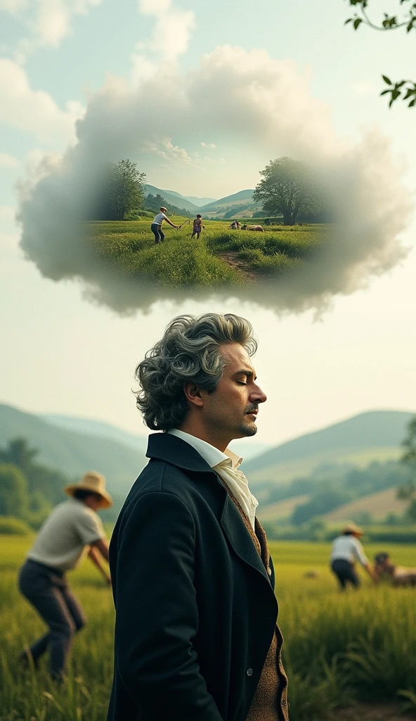 The theme is "Pastoral". 3D animation. German composer Beethoven closes his eyes and is lost in thought. A hazy white cloud rises above his head, and a peaceful rural landscape is depicted within the white cloud. Farmers working happily are depicted as if in a multiple exposure. 8K quality.