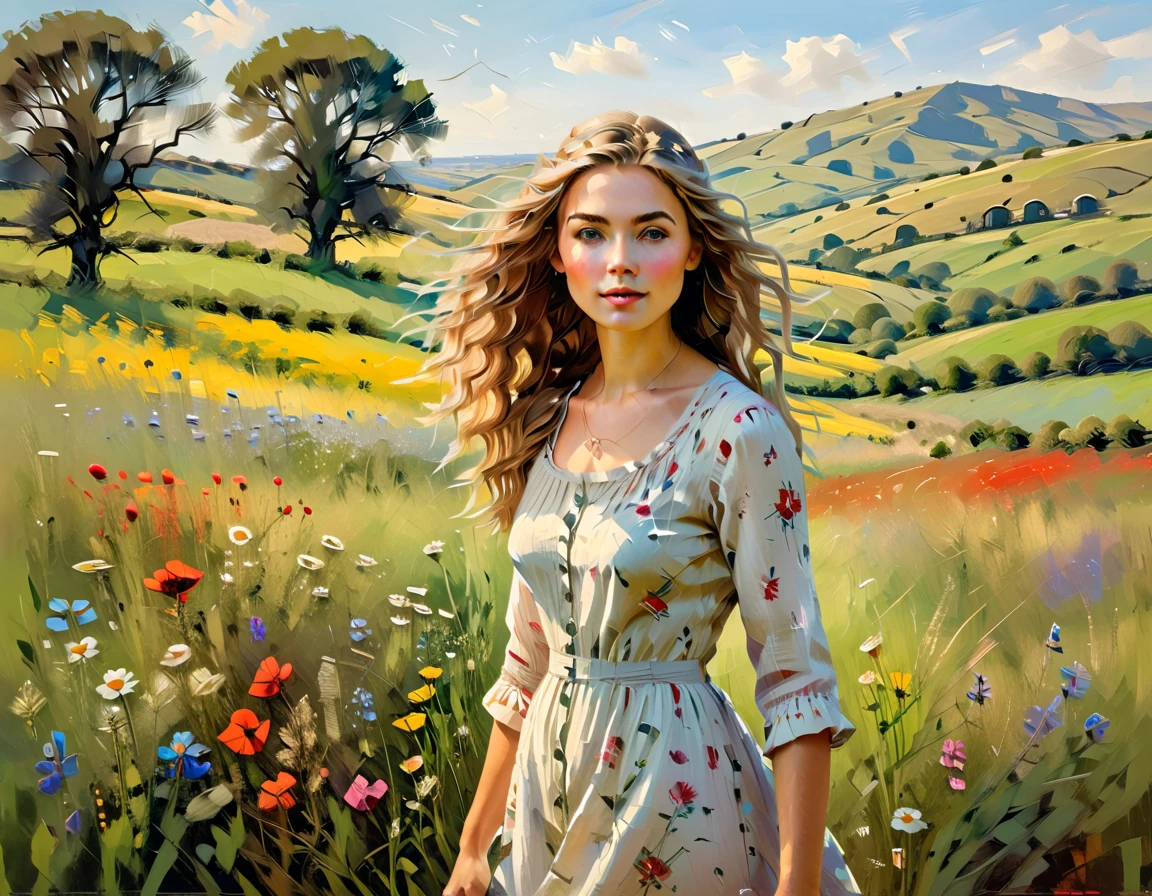 A pastoral idyll, a serene countryside scene, 1girl, a young woman in a floral dress standing in a lush green meadow, surrounded by blooming wildflowers, with rolling hills and a clear blue sky in the background, a gentle breeze blowing through her hair, soft natural lighting, beautiful detailed eyes, extremely detailed face and features, delicate and elegant, cinematic composition, warm color tones, (best quality,4k,highres,masterpiece:1.2),ultra-detailed,(realistic,photorealistic:1.37),oil painting, intricate details, vibrant colors, natural landscape, serene and peaceful atmosphere