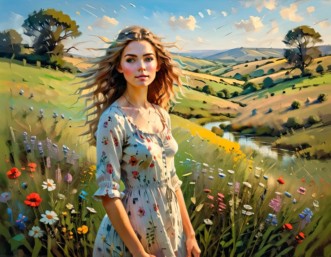 A pastoral idyll, a serene countryside scene, 1girl, a young woman in a floral dress standing in a lush green meadow, surrounded by blooming wildflowers, with rolling hills and a clear blue sky in the background, a gentle breeze blowing through her hair, soft natural lighting, beautiful detailed eyes, extremely detailed face and features, delicate and elegant, cinematic composition, warm color tones, (best quality,4k,highres,masterpiece:1.2),ultra-detailed,(realistic,photorealistic:1.37),oil painting, intricate details, vibrant colors, natural landscape, serene and peaceful atmosphere