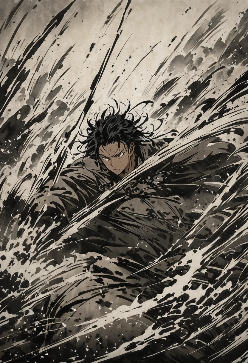 Ink Painting, Japanese male , Tan skin tone,  black hair,  confident expression, Messy hair length, Hold the sword, Swinging Down the Sword, intense sense of oppression,  expresses a sense of speed,  battlefield background during the Sengoku period,  artwork,  dynamic composition,  high detail,  Detailed , 