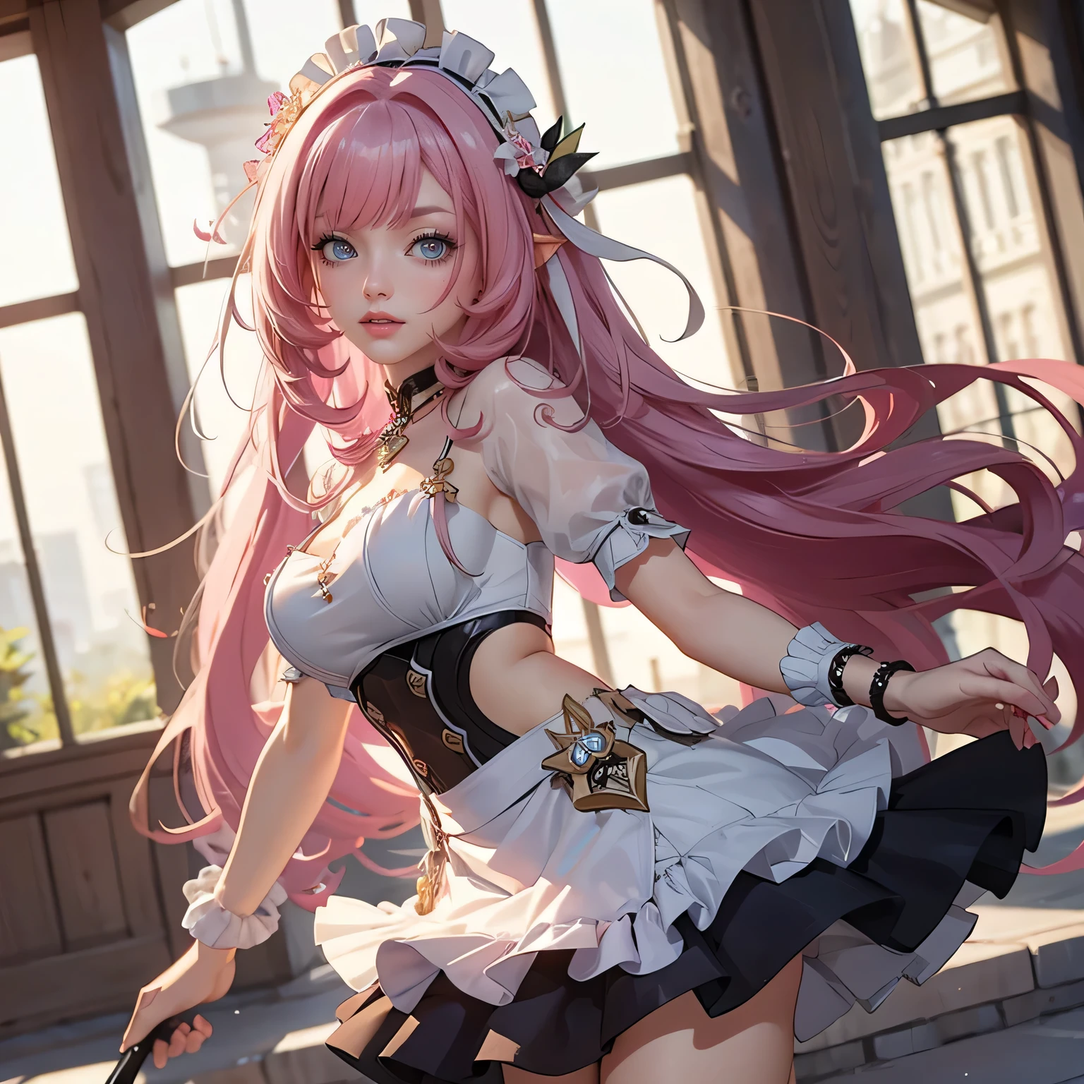 long hair, pink hair, black horns, long flowing hair, floating hair, ornament hair, perfectly body, perfectly hands, white rose on hair, maid, maid dress, maid headdress, maid apron, white apron, on street, petals in the air, blossom peach tree, centered girl, maid dress, white dress, more details on her clothes, dress with transparency, golden details, daylight, smiling, cape, ((4k, masterpiece, top-quality)),8k, best quality, high resolution, HD, (illustration:0.8), super cute girl, delicate and beautiful face, 1girl, solo, mature girl, super cute hairstyle, (beautiful detailed eyes:1.6), extremely detailed face, perfect lighting, extremely detailed CG, (perfect hands, perfect anatomy), Best quality, cleavage, small skirt, full Body,
