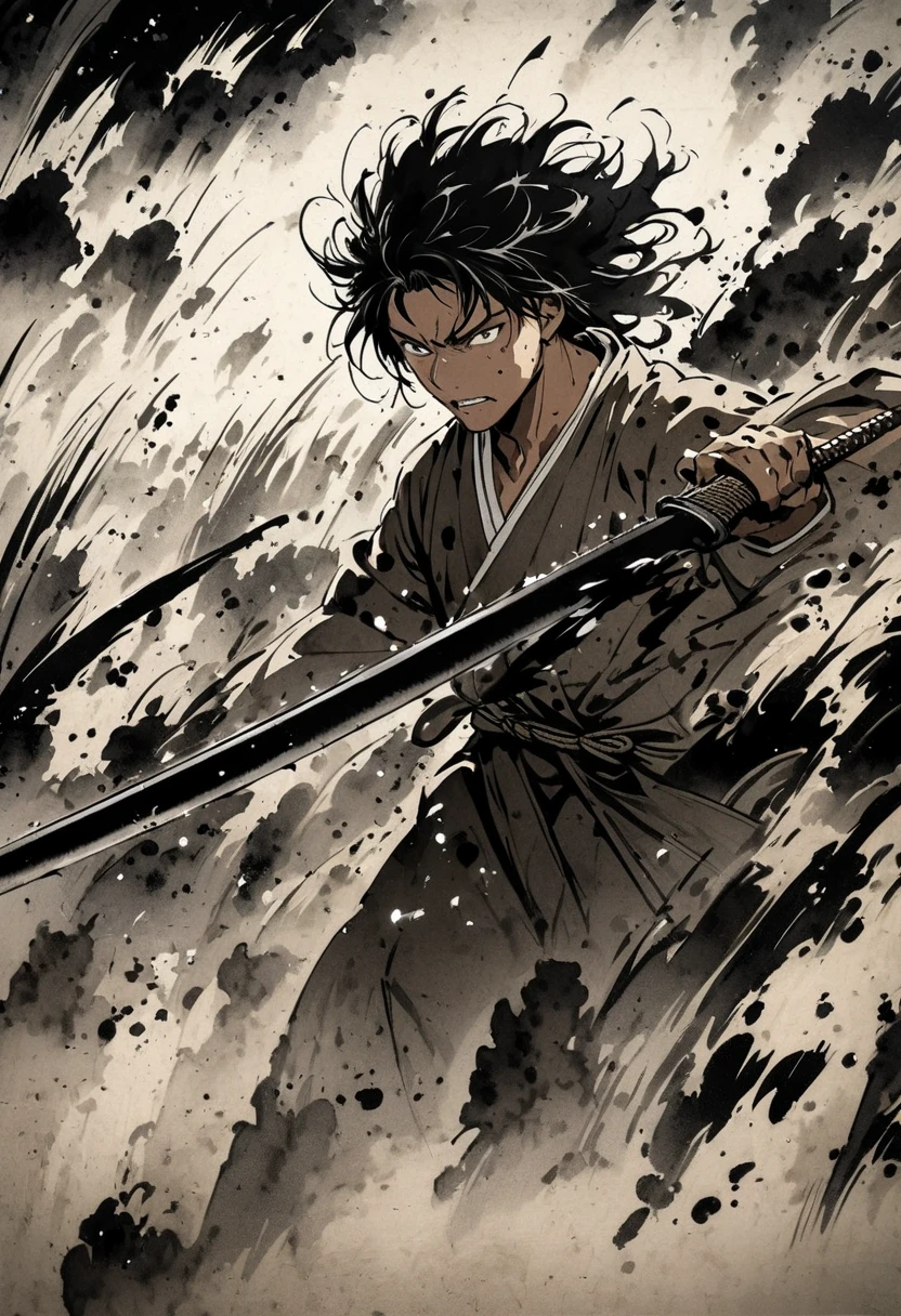 Ink Painting, Japanese male , Tan skin tone,  black hair,  confident expression, Messy hair length, Hold the sword, Swinging Down the Sword, intense sense of oppression,  expresses a sense of speed,  battlefield background during the Sengoku period,  artwork,  dynamic composition,  high detail,  Detailed , 