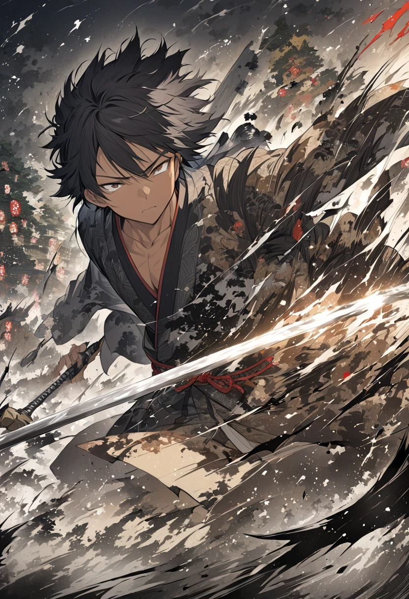 Ink Painting, Japanese male , Tan skin tone,  black hair,  confident expression, Messy hair length, Hold the sword, Swinging Down the Sword, intense sense of oppression,  expresses a sense of speed, Sengoku Period Battlefield Background ,  artwork,  dynamic composition,  high detail,  Detailed , 