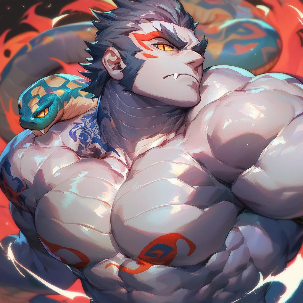 score_9, score_8_up, score_7_up, score_6_up BREAK Hex Snake, snake, serpentine, naga, 1boy, muscular male, large pectorals, very large muscles, tattoos, facial markings, yellow sclera, red pupils, frown, closed mouth, fangs, dynamic pose, dynamic angle